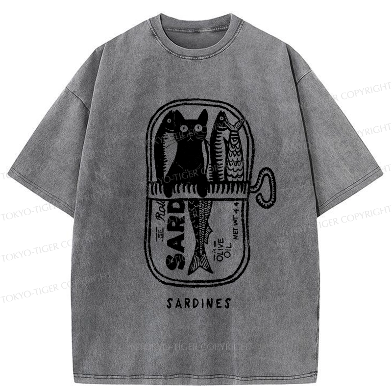 Tokyo-Tiger Cat Hiding In A Sardine Can Washed T-Shirt