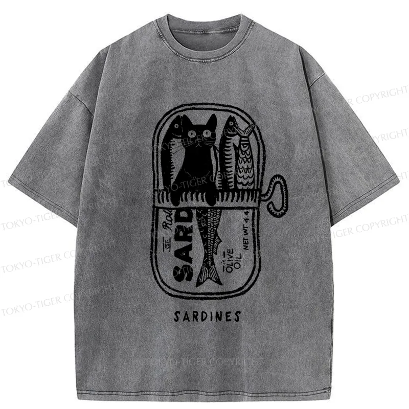 Tokyo-Tiger Cat Hiding In A Sardine Can Washed T-Shirt
