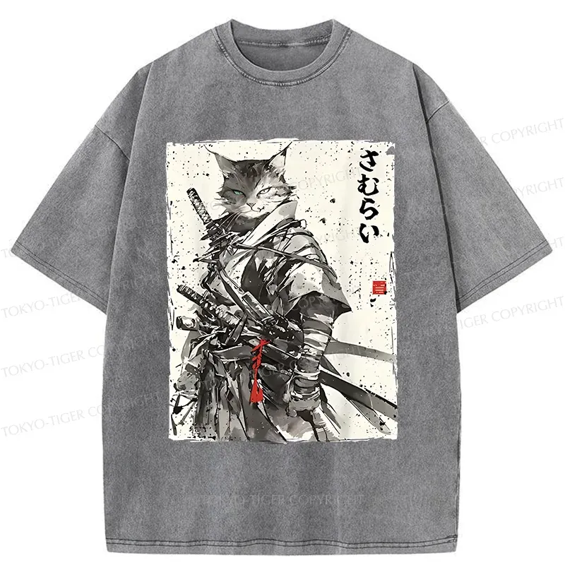 Tokyo-Tiger Retro Cat Samurai Washed T-Shirt