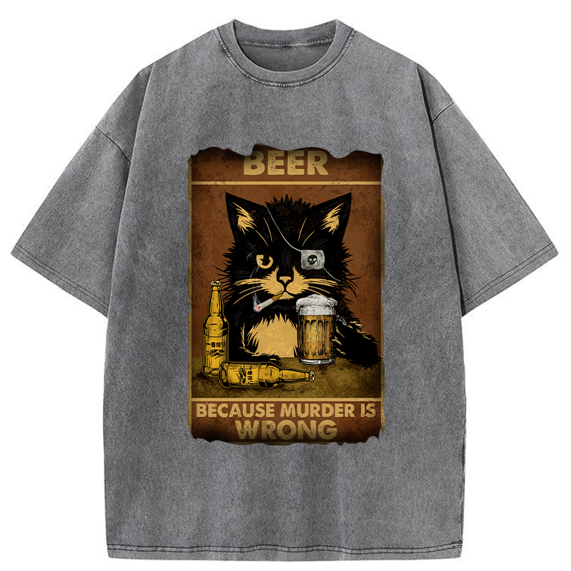 Tokyo-Tiger Black Cat Drinking Beer Washed T-Shirt