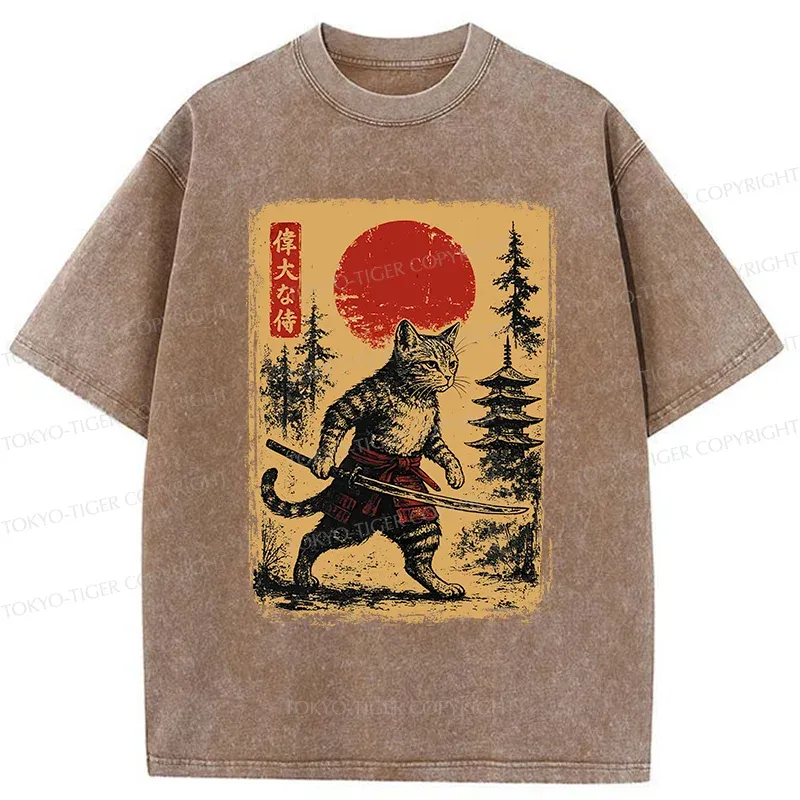 Tokyo-Tiger Stray Cat Samurai Washed T-Shirt