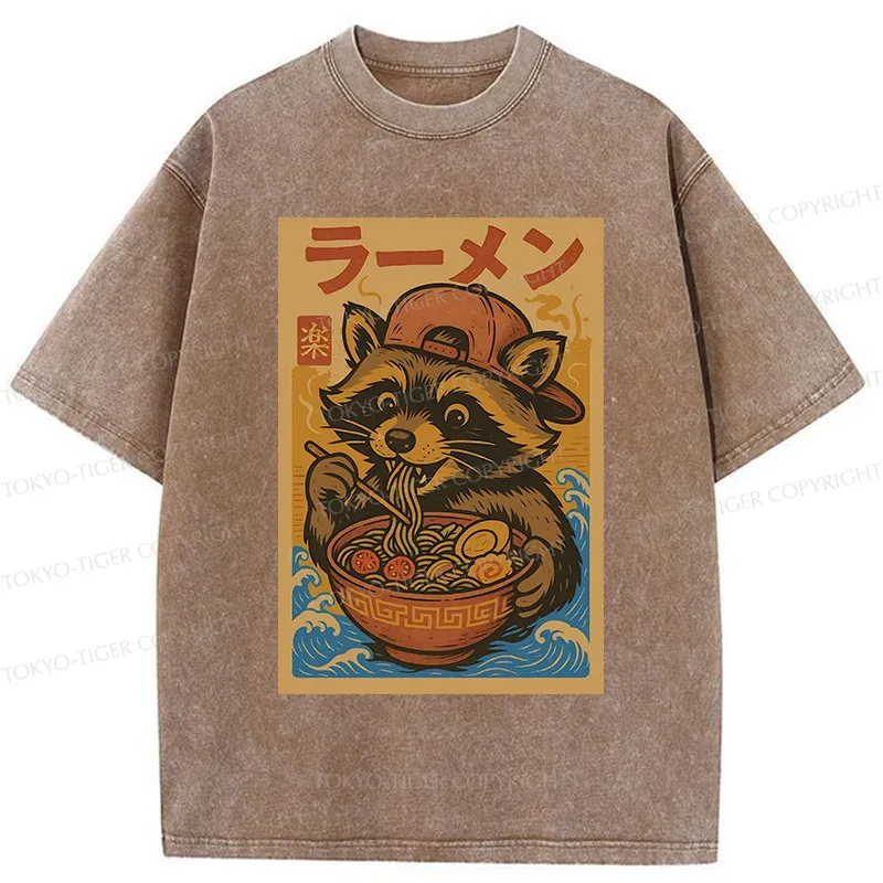 Tokyo-Tiger Cute Raccoon Eating Ramen Washed T-Shirt
