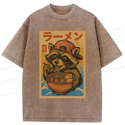 Tokyo-Tiger Cute Raccoon Eating Ramen Washed T-Shirt