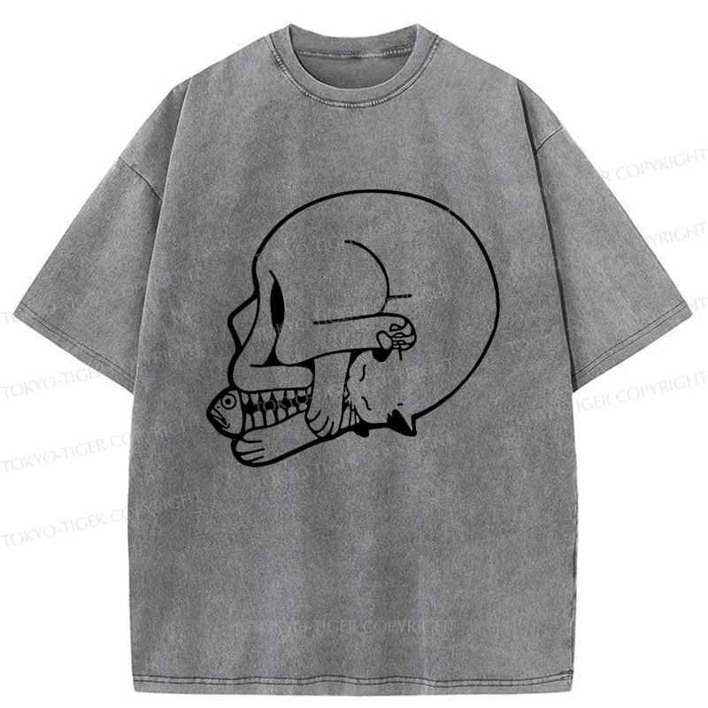 Tokyo-Tiger Funny Cat Eating Fish Washed T-Shirt