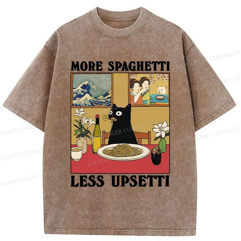 Tokyo-Tiger Cat Eating Pasta Washed T-Shirt