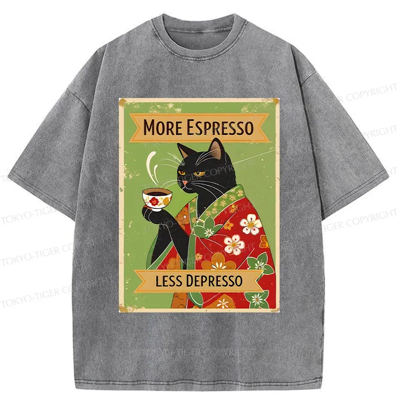 Tokyo-Tiger Cute Black Cat Drinking Coffee Washed T-Shirt