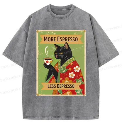 Tokyo-Tiger Cute Black Cat Drinking Coffee Washed T-Shirt