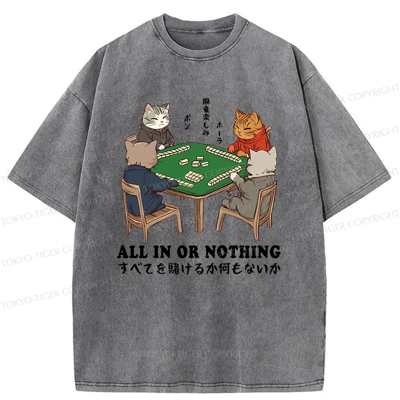 Tokyo-Tiger Cats Playing Mahjong Washed T-Shirt