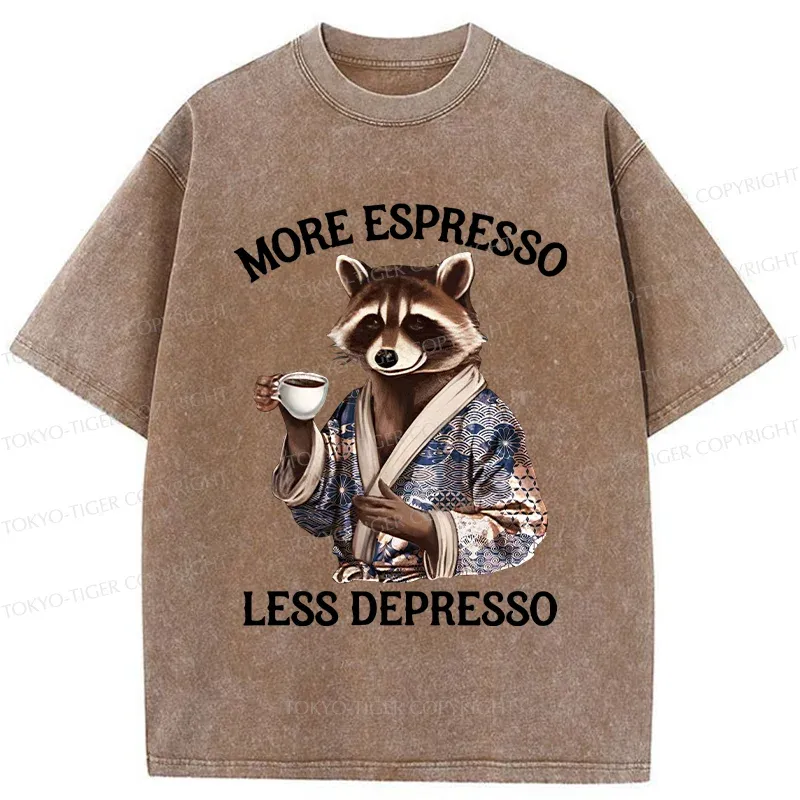 Tokyo-Tiger Raccoon Drinking Coffee Washed T-Shirt