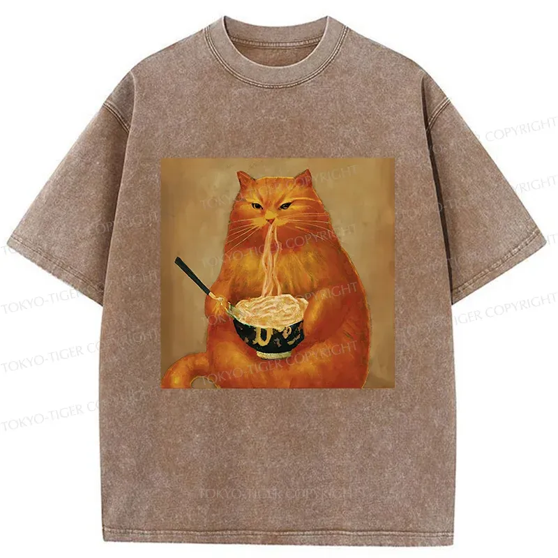 Tokyo-Tiger Cat Eating Ramen Japanese Retro Washed T-Shirt