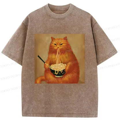 Tokyo-Tiger Cat Eating Ramen Japanese Retro Washed T-Shirt