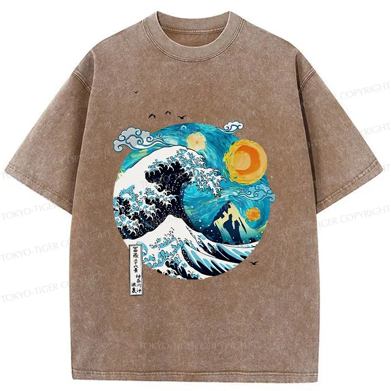 Tokyo-Tiger Waves Under The Starry Sky Washed T-Shirt