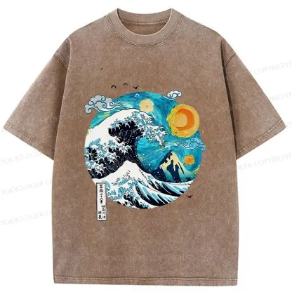 Tokyo-Tiger Waves Under The Starry Sky Washed T-Shirt