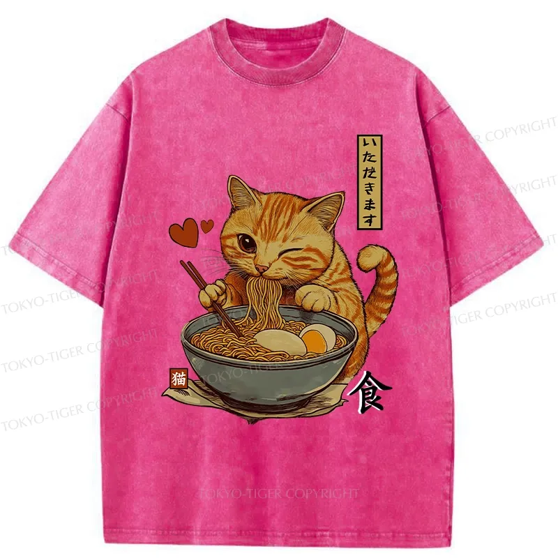 Tokyo-Tiger Cat Enjoying Eating Ramen Washed T-Shirt