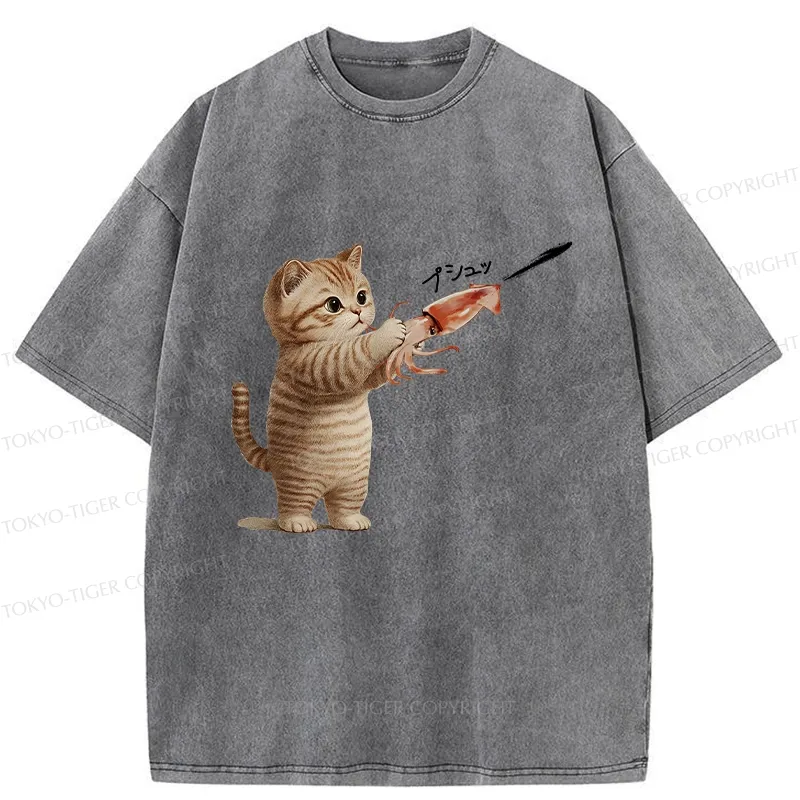 Tokyo-Tiger Funny Cat Shoots Squid Ink Washed T-Shirt