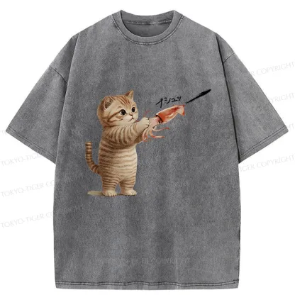Tokyo-Tiger Funny Cat Shoots Squid Ink Washed T-Shirt