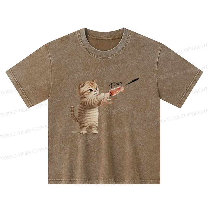Tokyo-Tiger Funny Cat Shoots Squid Ink Washed T-Shirt