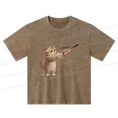 Tokyo-Tiger Funny Cat Shoots Squid Ink Washed T-Shirt