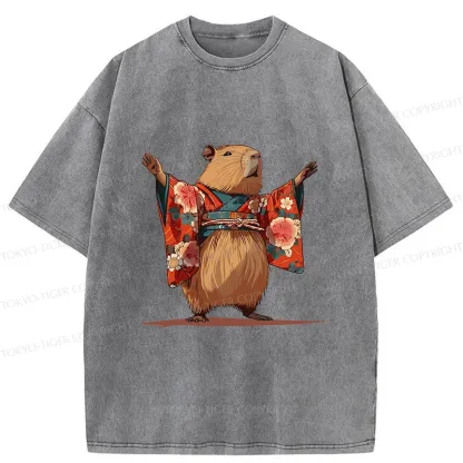 Tokyo-Tiger Capybara In Kimono Washed T-Shirt