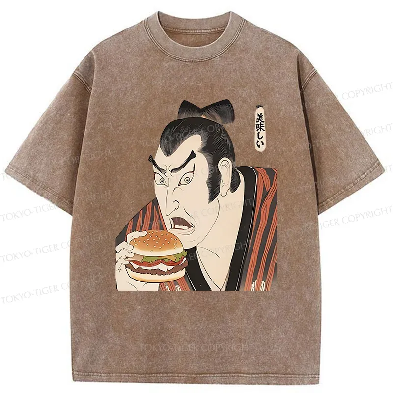 Tokyo-Tiger Japanese People Eating Hamburger Washed T-Shirt