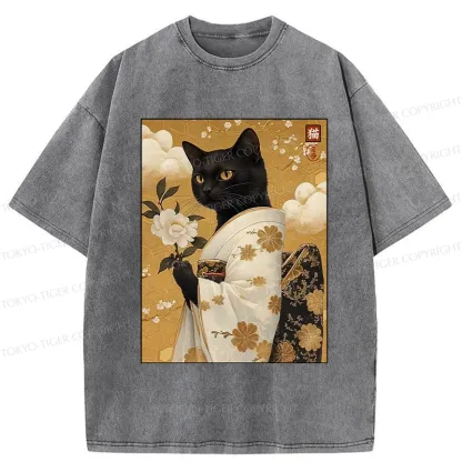 Tokyo-Tiger Retro Black Cat Holding A Flower Washed T-Shirt
