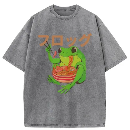 Tokyo-Tiger Frog Eating Ramen Japan Washed T-Shirt