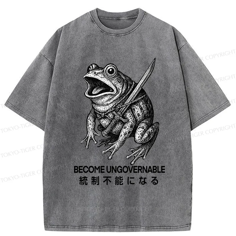 Tokyo-Tiger Frog Carrying A Samurai Sword Washed T-Shirt