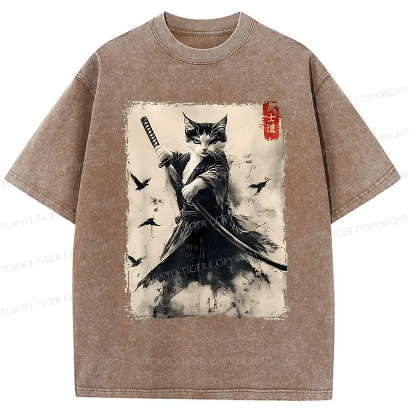 Tokyo-Tiger Retro Cat Samurai Poster Washed T-Shirt