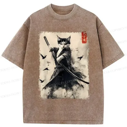 Tokyo-Tiger Retro Cat Samurai Poster Washed T-Shirt
