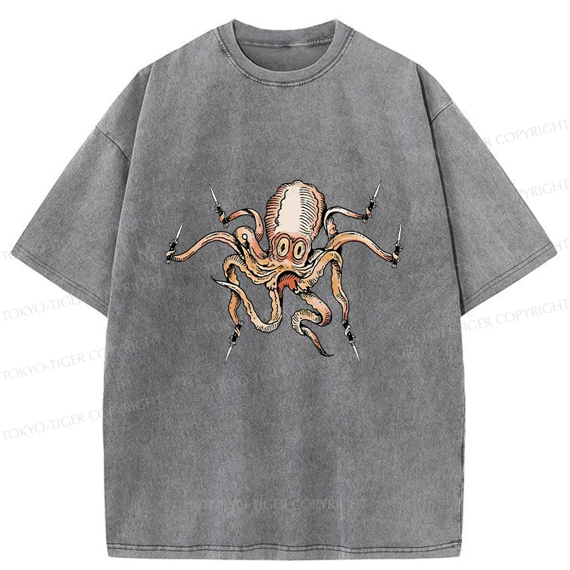 Tokyo-Tiger Octopus With Knife Washed T-Shirt