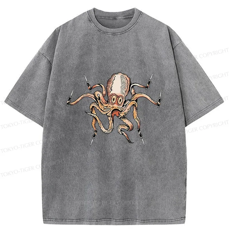 Tokyo-Tiger Octopus With Knife Washed T-Shirt