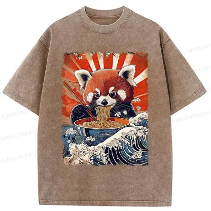 Tokyo-Tiger Red Panda Eating Ramen Washed T-Shirt