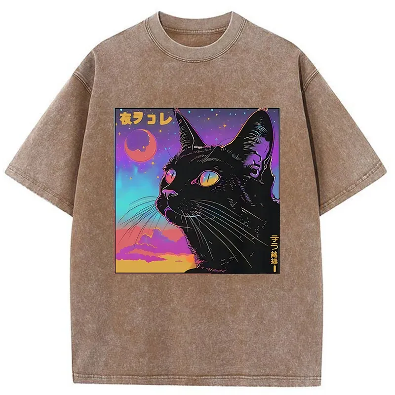 Tokyo-Tiger Cat Under The Stars Washed T-Shirt
