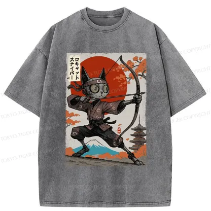 Tokyo-Tiger Japanese Robot Cat Archery Washed T-Shirt
