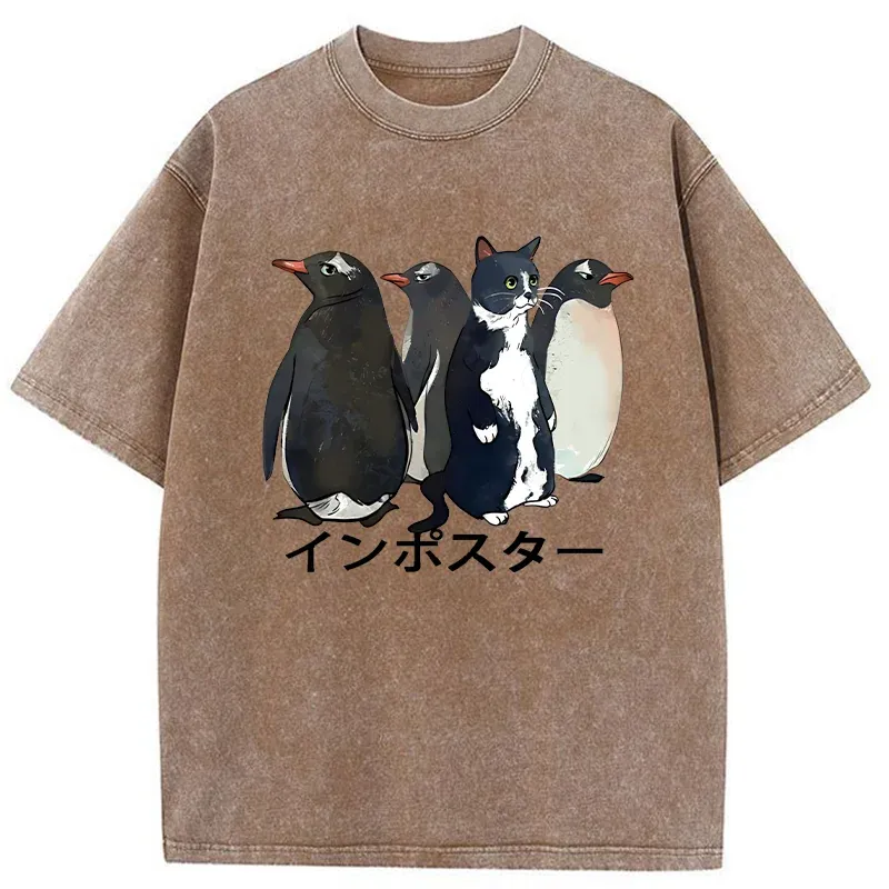 Tokyo-Tiger Imposter Among Penguins Washed T-Shirt