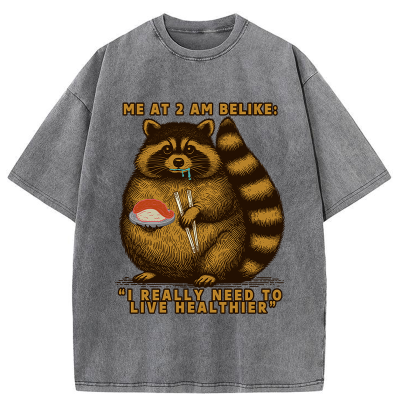 Tokyo-Tiger Fat Raccoon Eating Sushi Washed T-Shirt