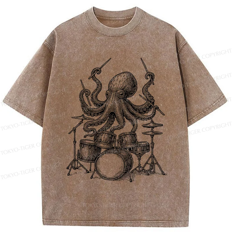 Tokyo-Tiger Octopus Drummer Washed T-Shirt
