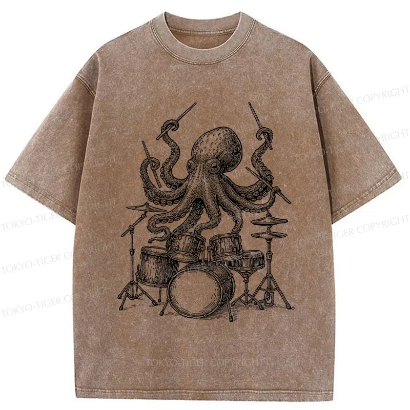 Tokyo-Tiger Octopus Drummer Washed T-Shirt