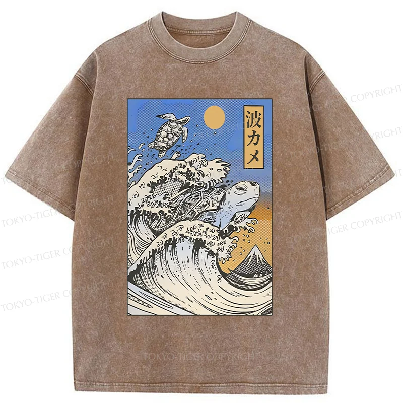 Tokyo-Tiger Surfing Turtle Washed T-Shirt