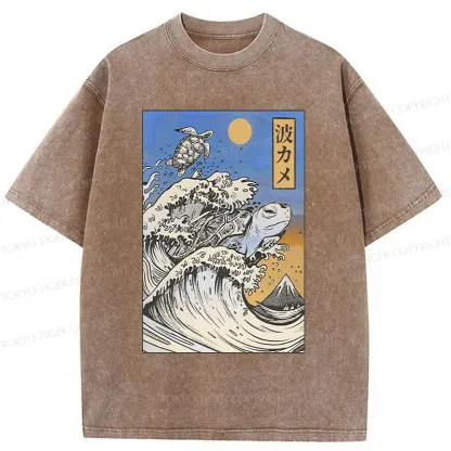 Tokyo-Tiger Surfing Turtle Washed T-Shirt