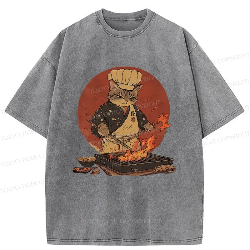 Tokyo-Tiger Cat Grill Chef Washed T-Shirt