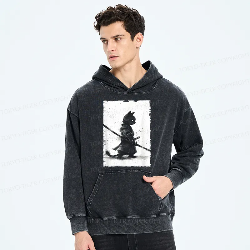 Tokyo-Tiger Retro Cat Samurai Japanese Washed Hoodie