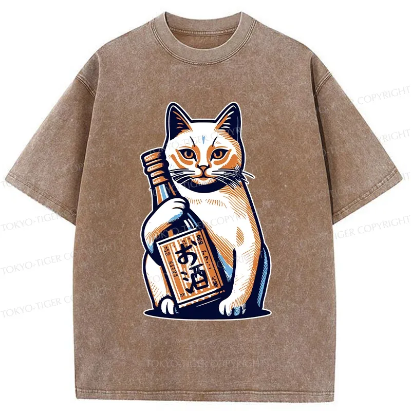 Tokyo-Tiger Cat Holding Wine Washed T-Shirt