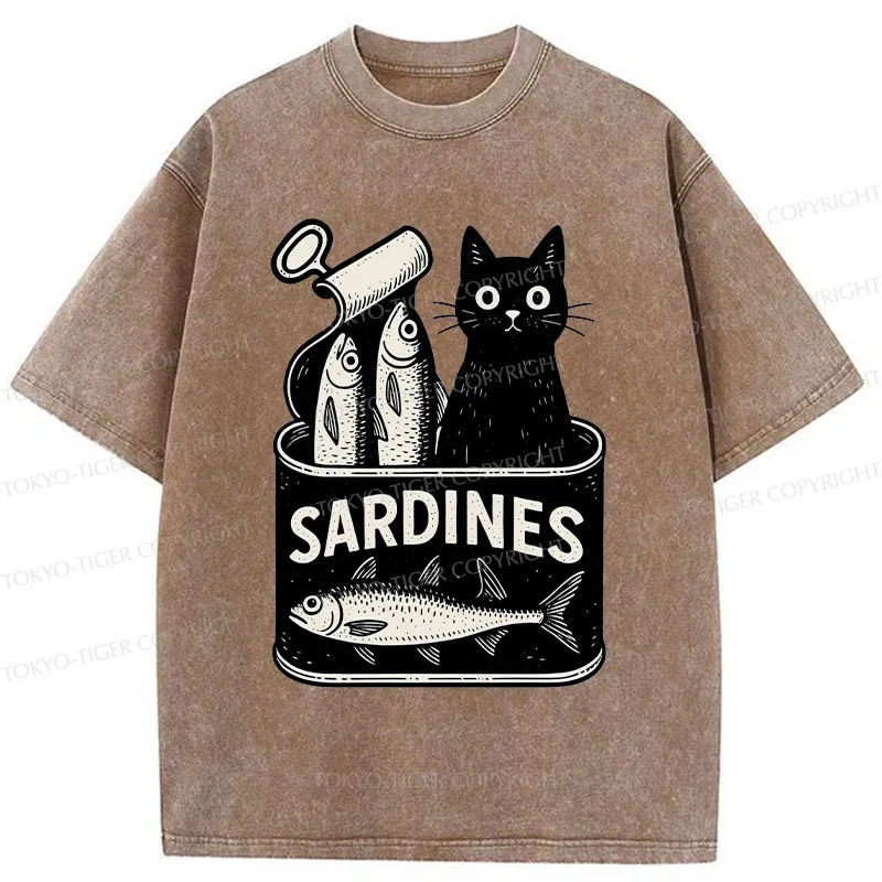 Tokyo-Tiger Cat And Canned Fish Washed T-Shirt