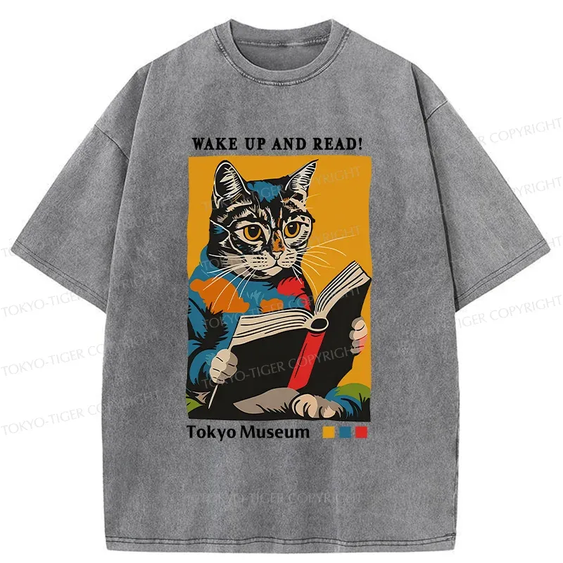 Tokyo-Tiger Cat Reading Washed T-Shirt