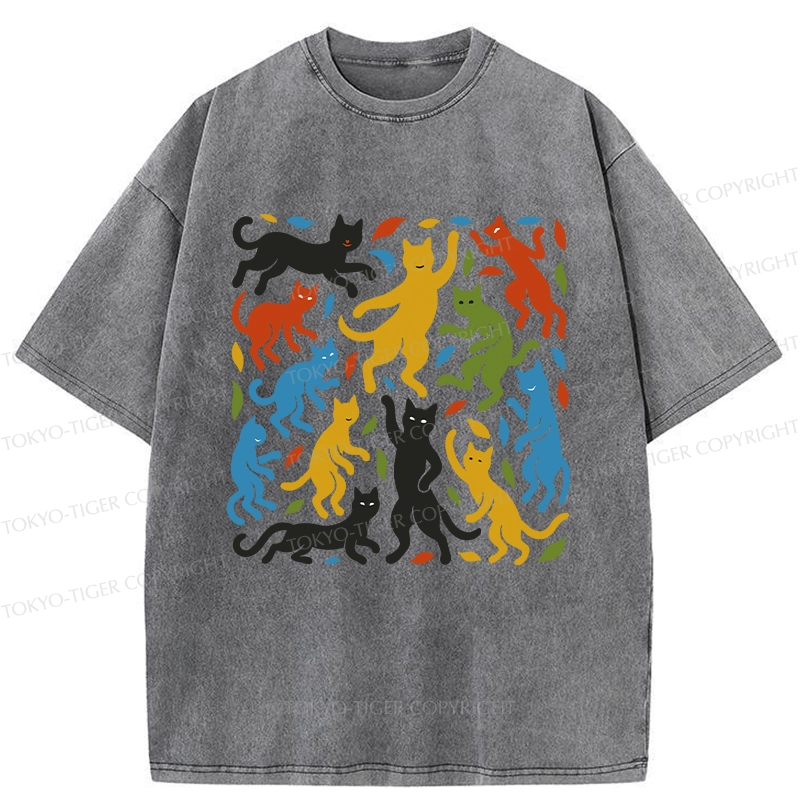 Tokyo-Tiger Funny Dancing Cat Washed T-Shirt