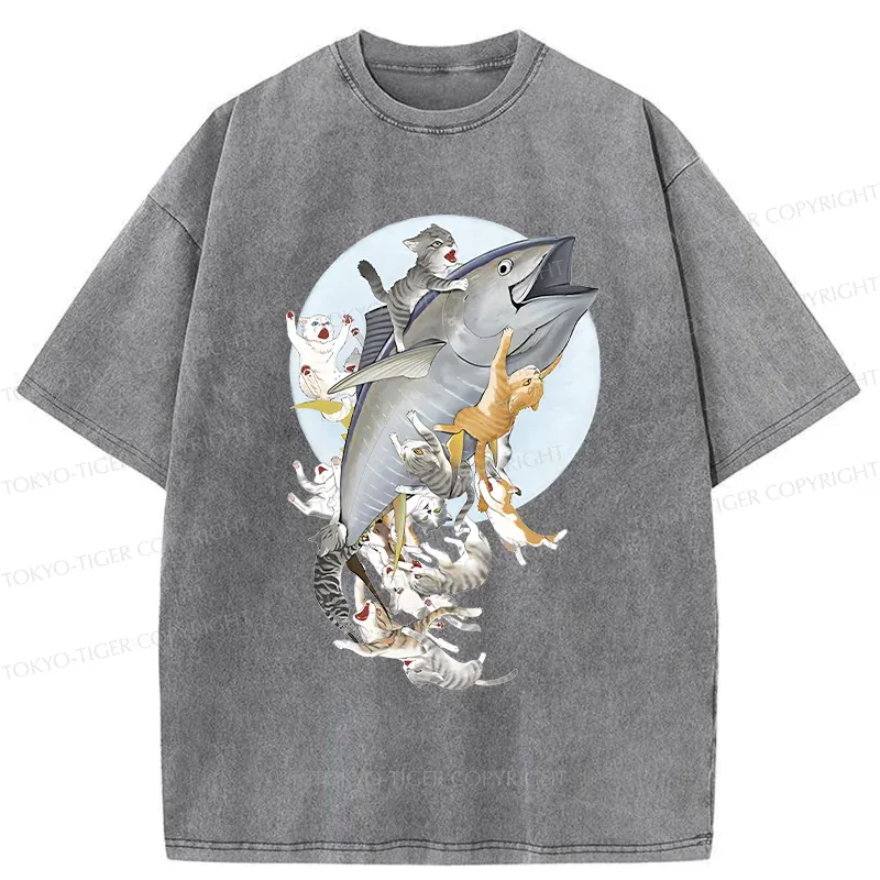 Tokyo-Tiger Cats Caught Tuna Washed T-Shirt