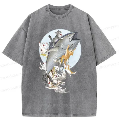 Tokyo-Tiger Cats Caught Tuna Washed T-Shirt