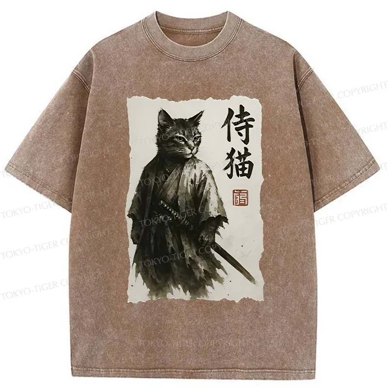 Tokyo-Tiger Cat Japanese Samurai Washed T-Shirt