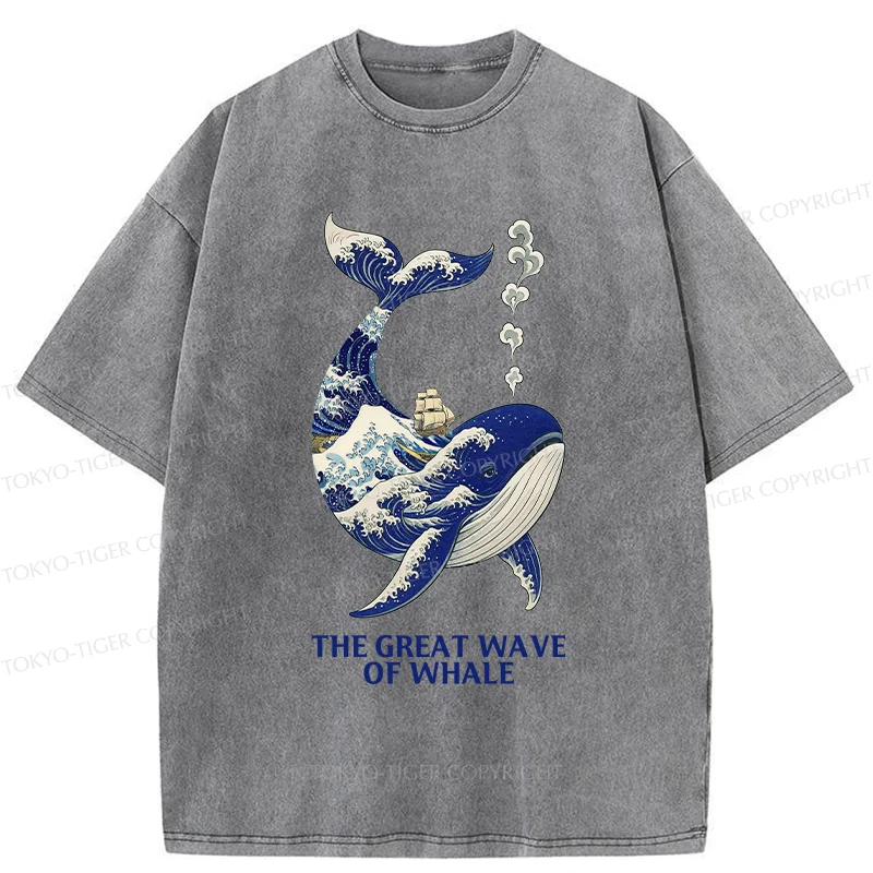 Tokyo-Tiger Ukiyoe Wave Whale Washed T-Shirt